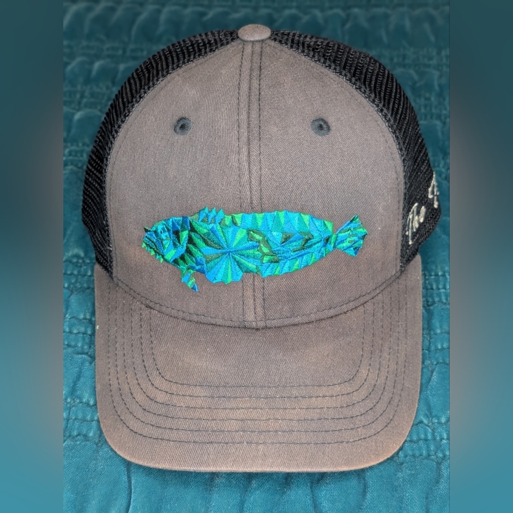 Gray Toadfish Trucker Hat with Blue Fish Embroidered Design